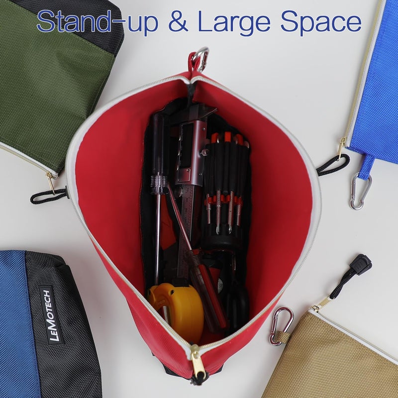 LeMotech Zipper Tool Bag, Stand-Up Tool Pouch with Carabiners,Utility Bag,Water Resistant Storage Bag,12x6.8-Inch Red/Brown/Blue/Olive 4 Pack - Image 5